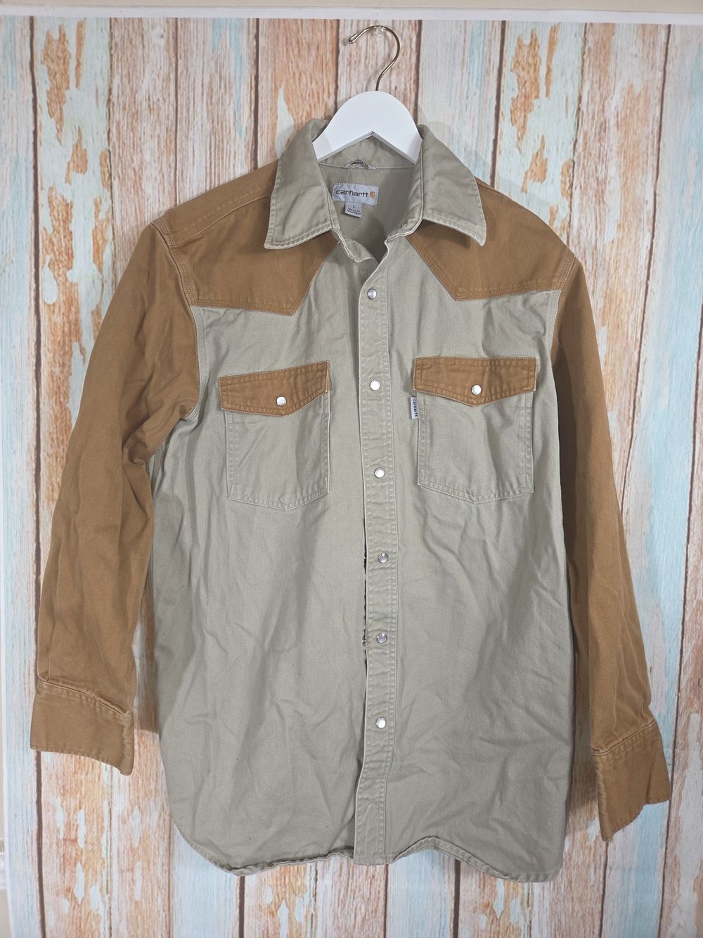 Vintage Carhartt two-tone Ironwood canvas western snap shirt. 100% Cotton. Large